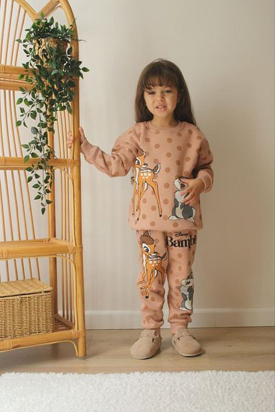 Hobbitlerin Dünyası Brown Deer Printed 3 Thread Raised Girl's Top and Bottom Set