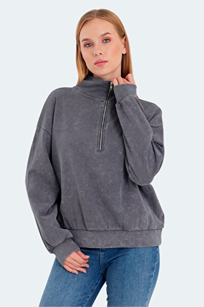 Slazenger Viewer Oversize Women's Stand Collar Zippered Dark Gray Sweatshirt