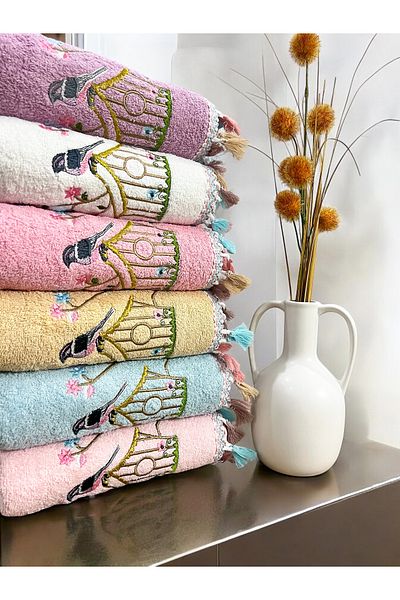 AYHANHOME Cotton Set of 6 Bird Cage Embroidered 50x90 Hand and Face Towels
