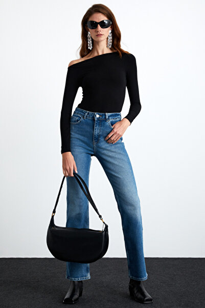 GRIMELANGE Emely Women's Viscose Lycra Boat Neck Single Shoulder Low-Cut Black Blouse