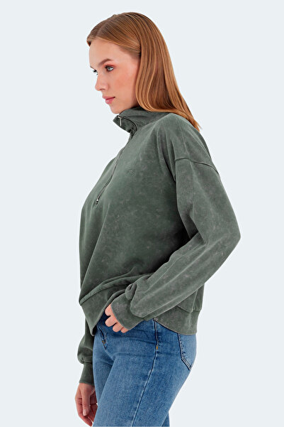Slazenger Viewer Oversize Women's Stand Collar Zippered Khaki Sweatshirt