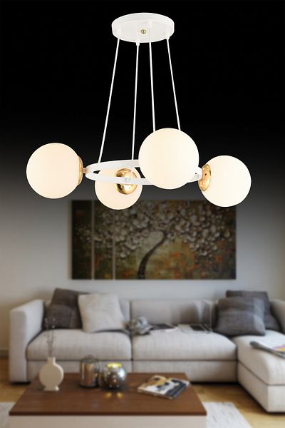 SONSUZ AYDINLATMA&AVİZE Infinite White 4-Piece Ring White Globe Glass Modern Chandelier