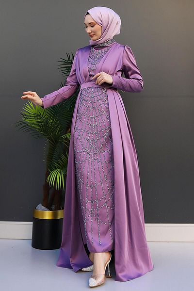 GİZ AGİYİM Lilac Embroidered Cloak Evening Dress