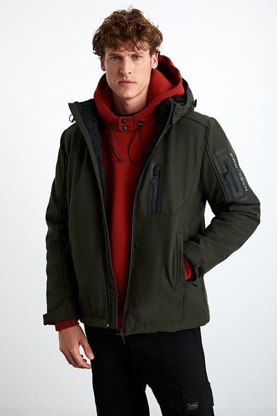 GRIMELANGE Nyborg Men's Detachable Hooded Windproof Pocket Zippered Khaki Coat