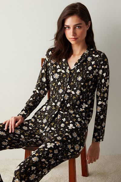 Penti Blossom Dark Shirt Black Pants Pajama Set