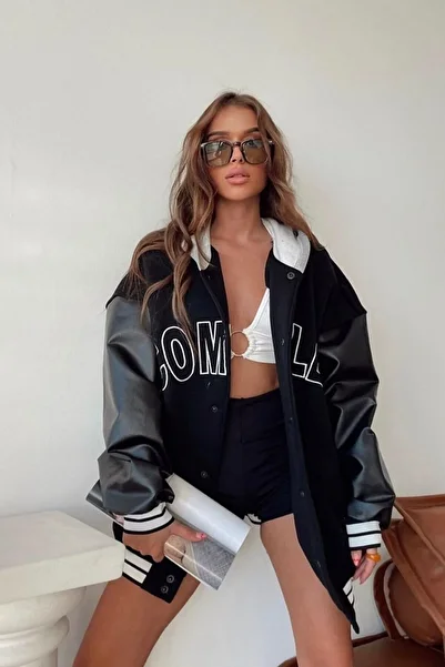 Agolady Unisex Complex College Jacket Embroidered Leather Sleeve Detailed Hooded 3 Thread Thick Fabric