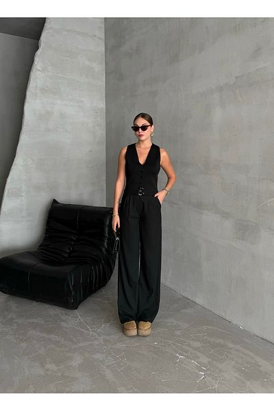 Laluvia Schwarze Palazzo-Hose mit Idole-Gürtel-3510