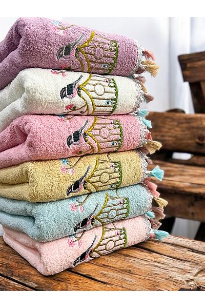 AYHANHOME Cotton Flora Lattice Embroidered Tassel Set of 6 50x90 Hand and Face Towels
