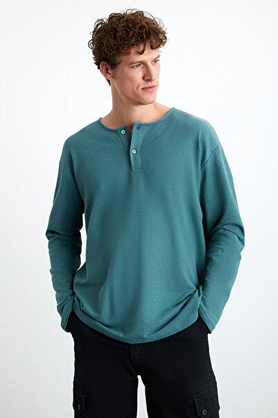 GRIMELANGE Lorenzo Erkek Özel Rustik Dokulu %100 Organik Pamuk Düğme Detaylı Regular Yeşil Sweatshirt