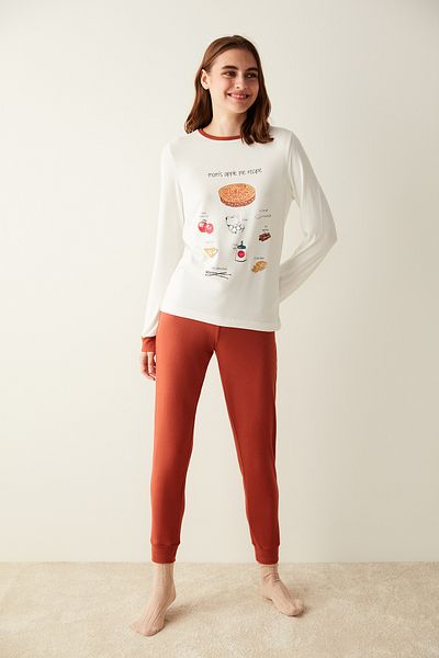 Penti Top de pijama tricou cu model alb cu placinta cu mere