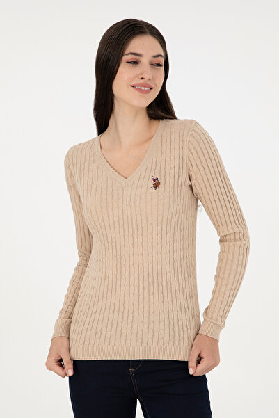 U.S. Polo Assn. Дамски пуловер с V-образно деколте в пясъчен меланж 50288992-VR123