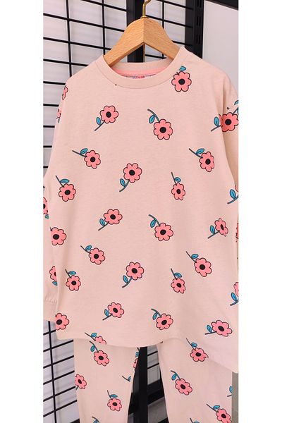 Irmak kids Girl's Pink Flower Patterned 100% Cotton Pajama Set