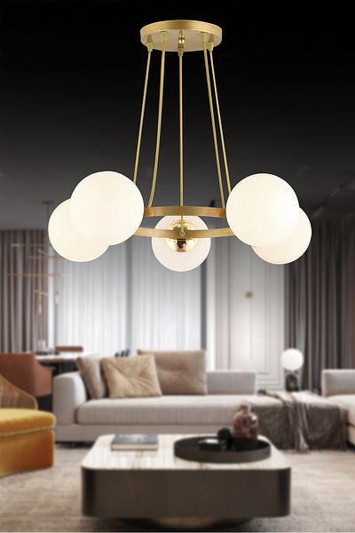 SONSUZ AYDINLATMA&AVİZE Infinite Antique 5-Piece Ring White Globe Glass Modern Chandelier