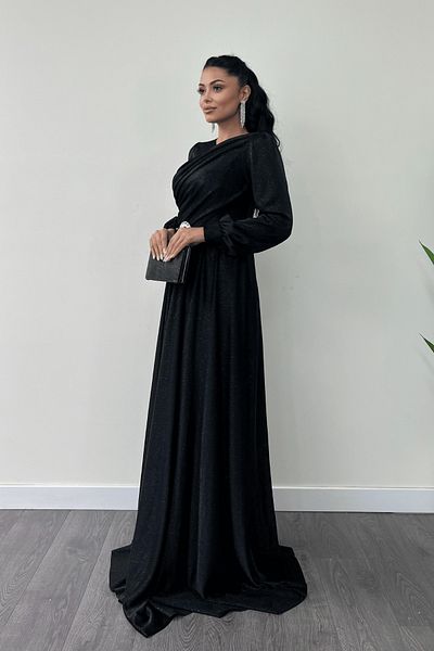 giyimmasalı Glittery Tulle Fabric Gather Detailed Evening Dress - Black
