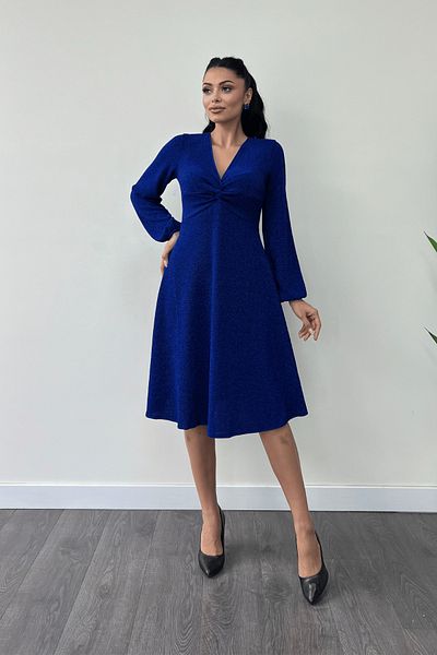 giyimmasalı Shimmering Crepe Fabric Midi Dress with Twist Detail - Saks Blue