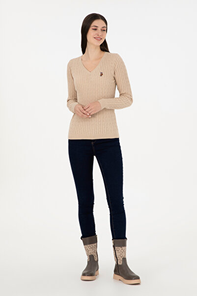 U.S. Polo Assn. Дамски пуловер с V-образно деколте в пясъчен меланж 50288992-VR123