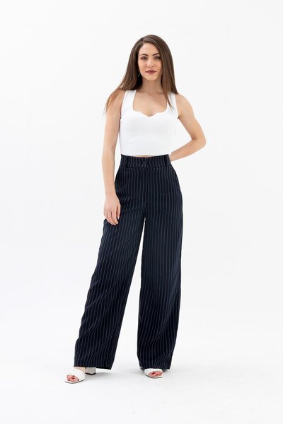 VAPUR TEKSTİL Navy Blue High Waist Striped Palazzo Pants