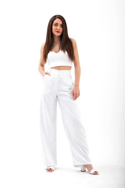VAPUR TEKSTİL Pantaloni Palazzo cu dungi cu talie înaltă - Ecru