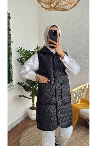 Güba Ticaret Women's Shirt Collar Heart Pattern Quilted Vest