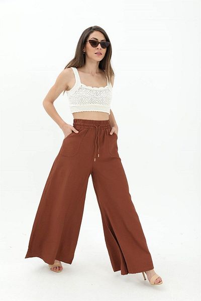 Moka Shopin Mokashopin Wide Belt Wide Leg Straight Linen Women's Trousers - Brown