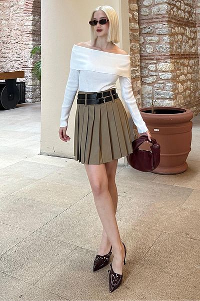 Madmext Fusta de damă plisată cu două curele bej MG2246