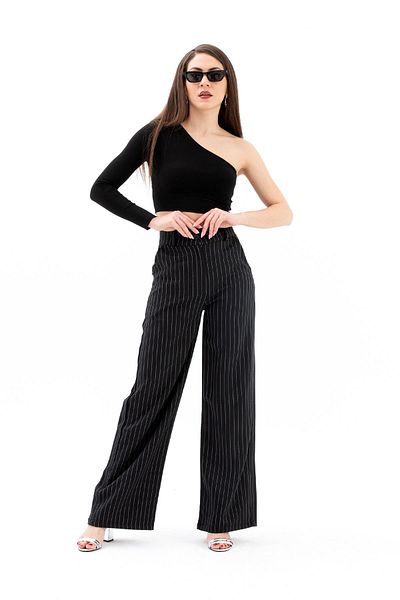 VAPUR TEKSTİL Black High Waist Striped Palazzo Trousers