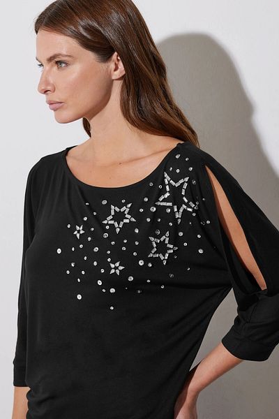 Stil Diva Φαρδιά λαιμόκοψη με μισό μανίκι Star Stone κεντημένη μπλούζα με ελαστική μέση 110695