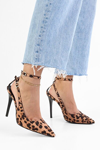 Shoeberry Women's Mila Leopard Satin Belted Ankle Stiletto
