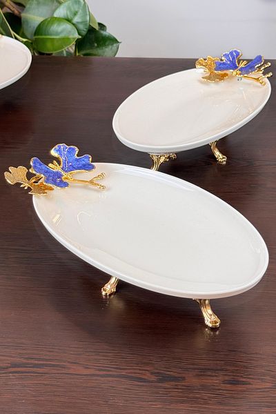MAY HOME Blue Butterfly 2-Piece Oval Presentation Stud Plate & Gold Footed Boat Plate