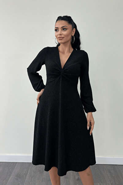 giyimmasalı Pırıltılı Krep Kumaş Burgu Detaylı Midi Elbise - SİYAH