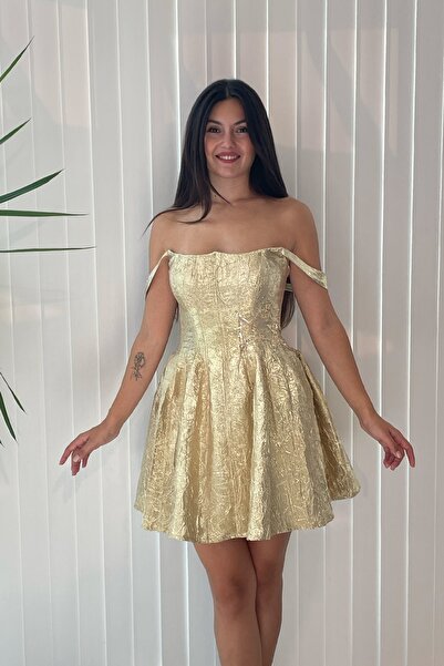 Always Dress Gold Kısa Yıldız İşleme Detaylı Elbise