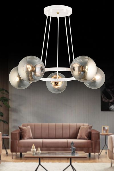 SONSUZ AYDINLATMA&AVİZE Kardelen White 5-Piece Ring Smoked Globe Glass Modern Chandelier