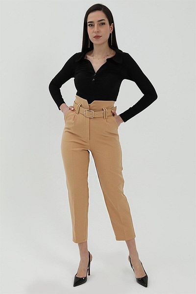 VAPUR Light Brown Atlas Trousers with Belt