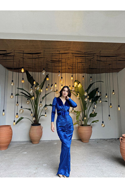 Mekafashion Kemer Detay Simli Kadife Elbise