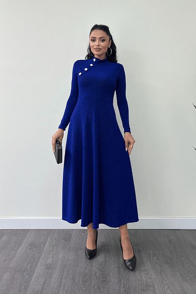 giyimmasalı Saks Blue Midi Dress - Shimmering Crepe Fabric and Button Detail