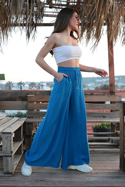 VAPUR Wide Belted Wide Leg Straight Linen Women's Trousers - Indigo