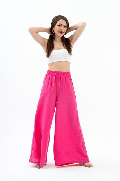 VAPUR Fuchsia Linen Women's Trousers - Wide Belt and Wide Leg
