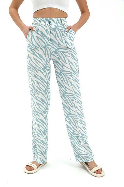 VAPUR High Waist Zebra Patterned Linen Trousers - Blue
