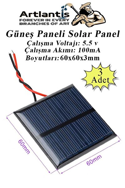 Artlantis Güneş Paneli Solar Panel 6x6 cm 5.5 volt 100 mA 3 Adet Güneş Enerji...