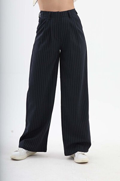 VAPUR TEKSTİL Pleat Detailed Striped Polyviscose Trousers - Navy Blue