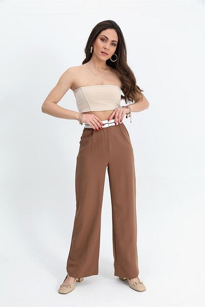 VAPUR TEKSTİL Tan Atlas Fabric Palazzo Trousers with Garni and Belt