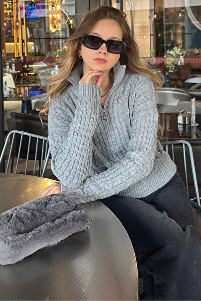 Madmext Gri Dik Yaka Fermuar Detaylı Örme Kazak MG2229