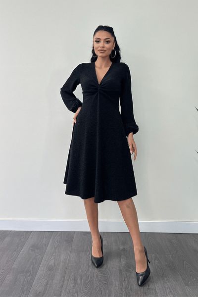 giyimmasalı Shimmering Crepe Fabric Midi Dress with Twist Detail - Black