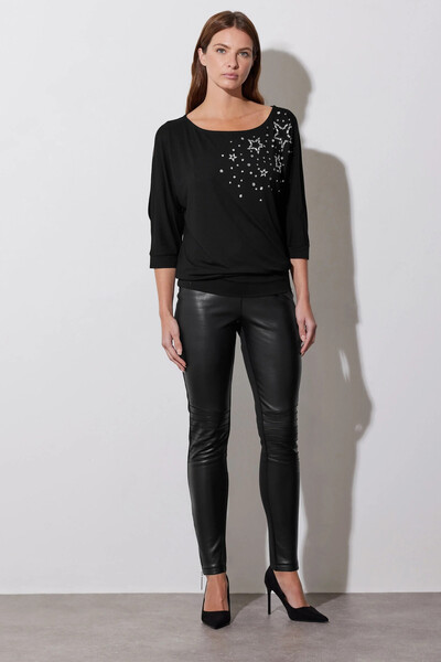 Stil Diva Wide Crew Neck Half Sleeve Star Stone Embroidered Elastic Waist Blouse 110695