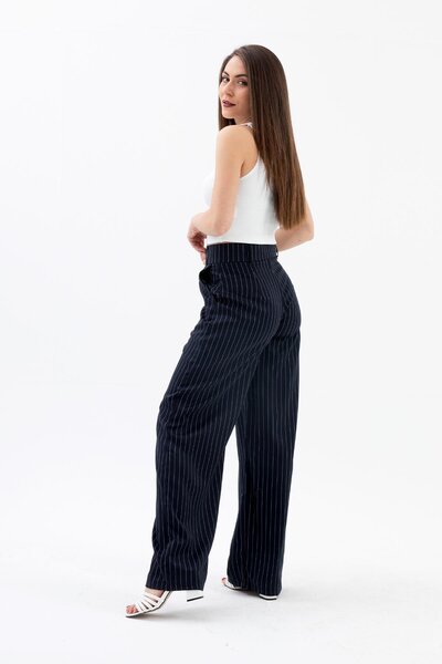 VAPUR TEKSTİL Navy Blue High Waist Striped Palazzo Pants