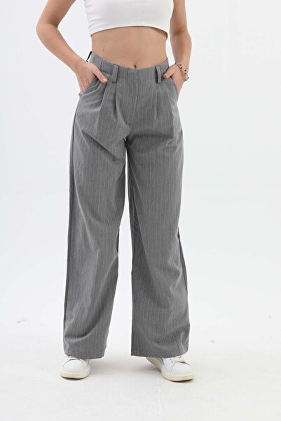 VAPUR TEKSTİL Pleat Detailed Striped Polyviscose Trousers - Gray