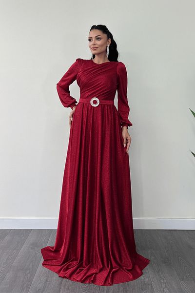 giyimmasalı Red Glittery Tulle Evening Dress - Gather Detailed