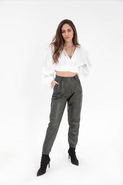 VAPUR Women's Leather Trousers with Elastic Waist and Leg Legs - Khaki