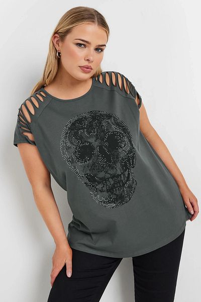 Stil Diva Tricou cu imprimeu în piatră, cu decolteu triplu, cu umăr decupat 322123