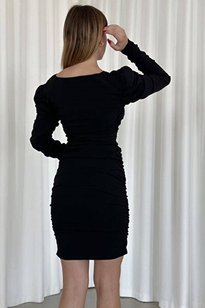 bayansepeti Black Mini Princess Sleeve Dress with Sweetheart Collar and Gather Detail - Flexible Crepe Fabric 581914